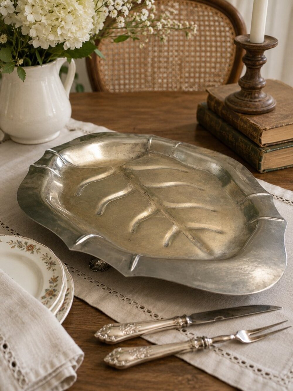 VTG Silver on Copper Footed Turkey Platter Large Leaf Design Serving Tray 18"
